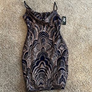 Blue and rose gold sparkly formal dress